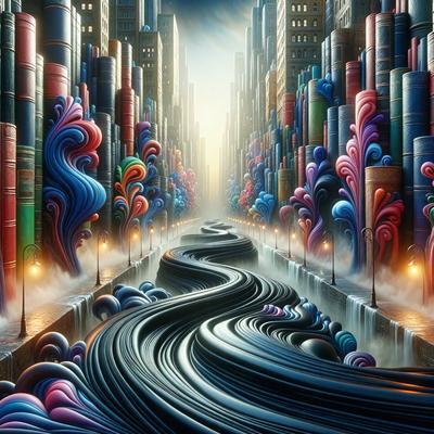 The primary subject of the image is a long, colorful, and artistic tunnel made of books. The tunnel is filled with various books, creating a unique and visually appealing scene. The setting is a city, with the tunnel running through the urban landscape. The visual style of the image is digital art, as it appears to be a computer-generated or digitally created scene. The dominant colors in the image are a mix of vibrant hues, such as red, blue, green, and yellow, which contribute to the